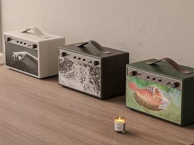 Three Stylish Portable Speakers With Unique Design Patterns On Wooden Table 3d model