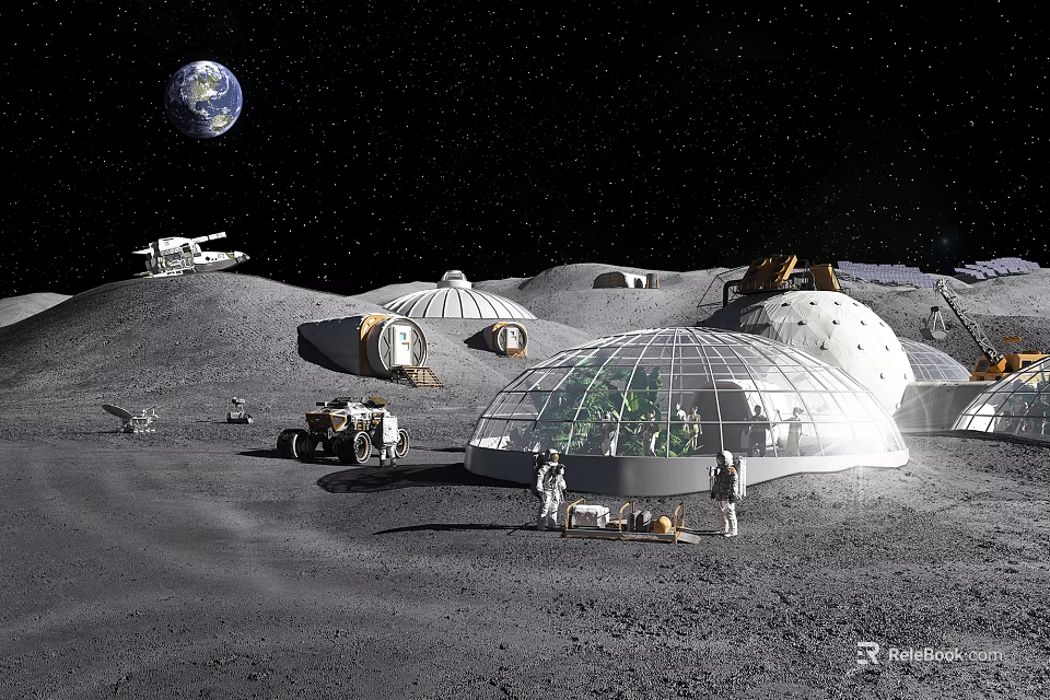 Futuristic Lunar Base Architecture On Moon Surface With Domed Habitats Greenery And Astronauts 3d model 