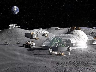 Futuristic Lunar Base Architecture On Moon Surface With Domed Habitats Greenery And Astronauts 3d model