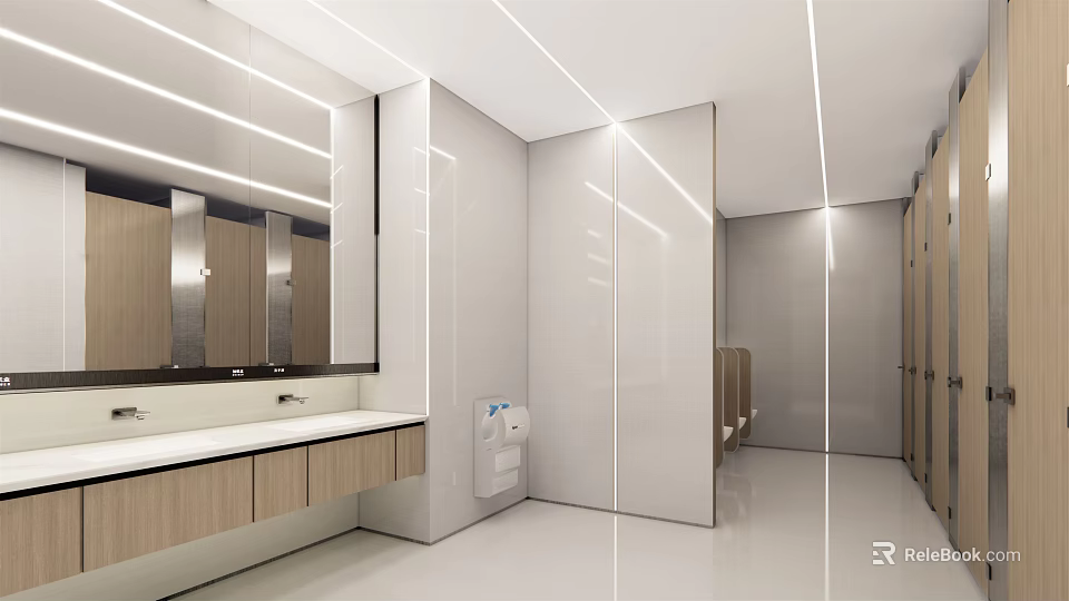 Public Restroom Modern Design With White Walls Mirrors Sinks Wooden Cabinets And Bright Lighting 3d model 