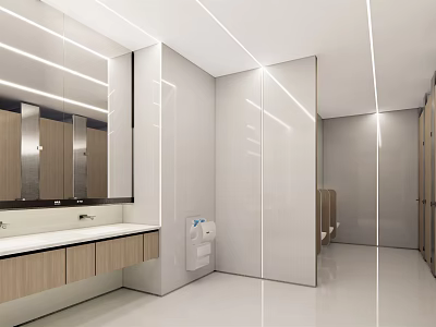 Public Restroom Modern Design With White Walls Mirrors Sinks Wooden Cabinets And Bright Lighting 3d model