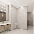 Public Restroom Modern Design With White Walls Mirrors Sinks Wooden Cabinets And Bright Lighting