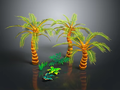 Tropical Palm Trees With Green Foliage And Small Plants On Dark Reflective Surface 3d model