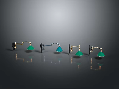 Modern Four Piece Lighting Fixture Combination With Golden Brackets And Green Conical Shades 3d model