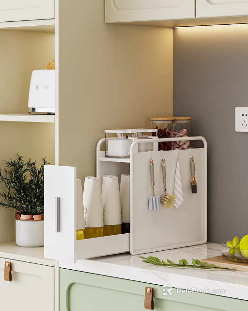 Organized Spice Bottles On White Kitchen Rack With Hanging Utensils And Potted Plant 3d model 