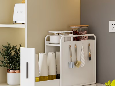 Organized Spice Bottles On White Kitchen Rack With Hanging Utensils And Potted Plant 3d model
