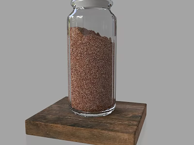 Clear Glass Spice Jar Filled With Brown Granules On Natural Wooden Base 3d model