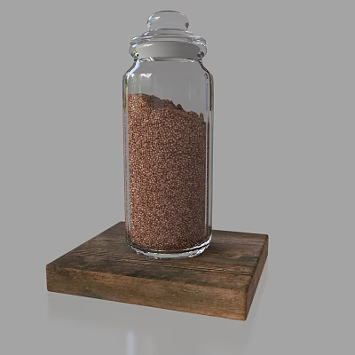 Clear Glass Spice Jar Filled With Brown Granules On Natural Wooden Base 3d model
