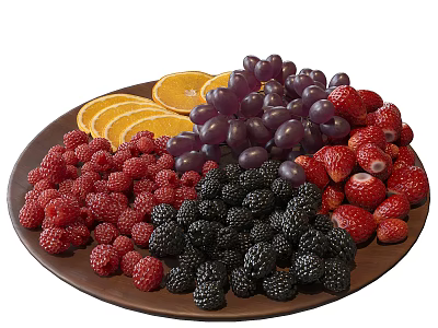 Colorful Assorted Fresh Fruits Platter with Orange Slices Grapes Strawberries Raspberries and Blackberries 3d model