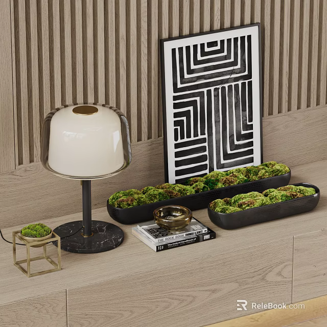Modern Decorative Ornament Set With Moss Plants Table Lamp And Geometric Wall Art 3d model 