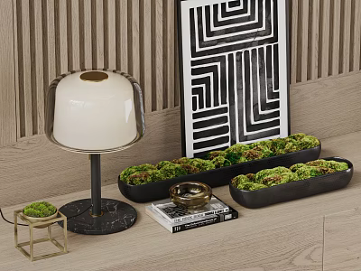 Modern Decorative Ornament Set With Moss Plants Table Lamp And Geometric Wall Art 3d model