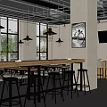 Industrial Style Restaurant Interior With High Ceilings Pendant Lights Bar Counter And Stools