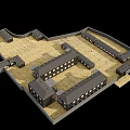 Dark Colored School Building Aerial View With Connected Structures And Sand Colored Ground 3d model