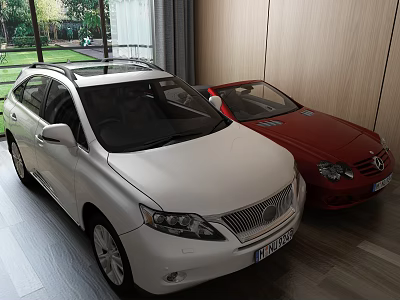White SUV and Red Convertible Sports Car in Indoor Space with Wooden Walls and Large Windows 3d model