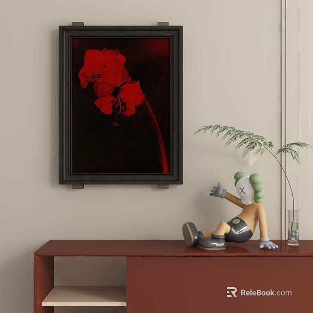Abstract Painting With Red Flowers In Interior Decor 3d model