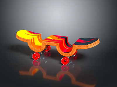Colorful Modern Sports Equipment Skateboard With Red Wheels And Artistic Curved Design 3d model