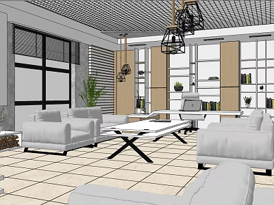 Modern Office Interior With Sofas Coffee Tables Hanging Lamps Large Windows And Green Plants 3d model