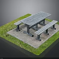 Wooden Picnic Table With Benches On Concrete Base And Grass Area