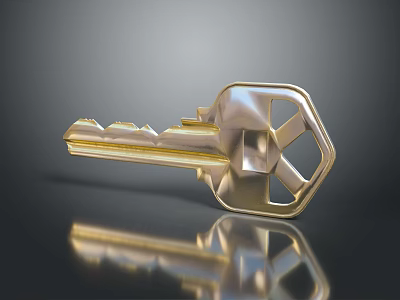 Elegant Gold Key Jewelry Piece With Geometric Cut And Shiny Reflective Surface 3d model