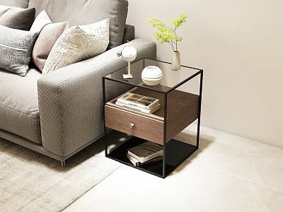 Modern Side Table With Metal Frame Wooden Drawer Featuring Lamp Vase And Bowl 3d model