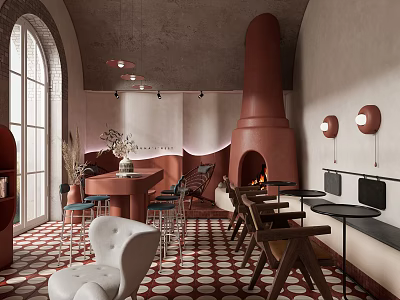 Chic Restaurant Interior With Concrete Walls Arched Windows Red Chimney And Circular Floor 3d model