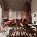 Chic Restaurant Interior With Concrete Walls Arched Windows Red Chimney And Circular Floor