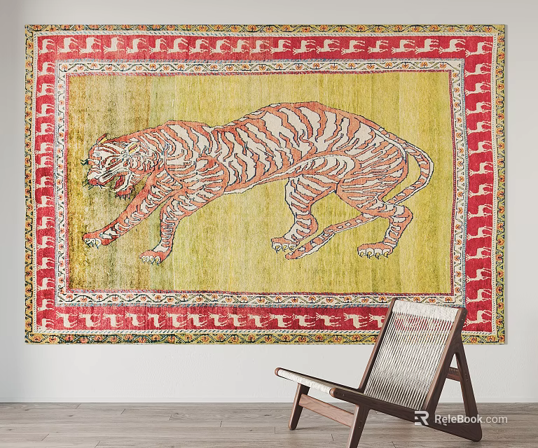 Oriental Square Rug With Tiger Pattern And Red Geometric Border On Yellow Background 3d model