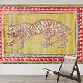 Oriental Square Rug With Tiger Pattern And Red Geometric Border On Yellow Background 3d model