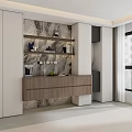 Modern Sideboard With Marble Backdrop White Wood Open Shelves Decorative Items And Potted Plant