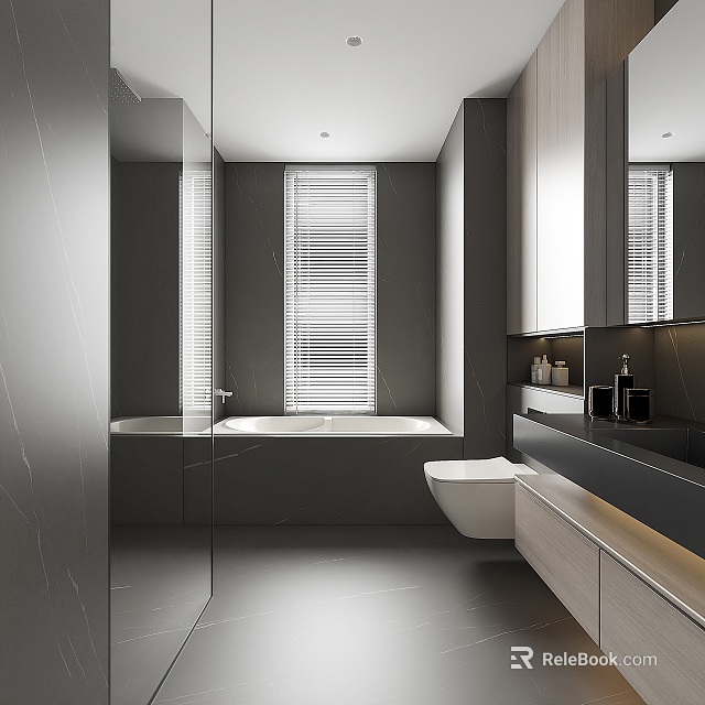 Modern Bathroom Interior Design With Freestanding Bathtub Toilet Large Mirror Window Blinds And Gray Cabinets 3d model 