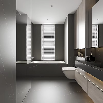 Modern Bathroom Interior Design With Freestanding Bathtub Toilet Large Mirror Window Blinds And Gray Cabinets 3d model