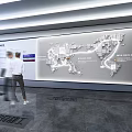 Modern Exhibition Hall With Large Screen Polished Floor Ceiling Light Strips And Visitors