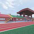 Outdoor Sports Stadium Featuring Red Running Track Green Stands Pink Roof And Athletes