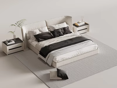 Modern Double Bed With Black White Bedding Nightstands Green Plant And Woven Rug 3d model