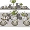 Minimalist White Tableware Set With Plates Cups Vases And Green Plants On Dining Table