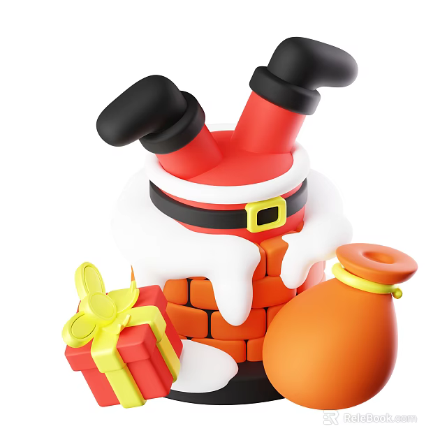Santa Claus Stuck in Chimney with Red Gift Box and Sack 3d model 