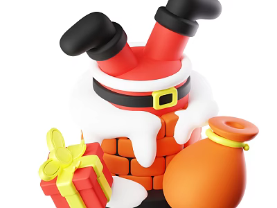 Santa Claus Stuck in Chimney with Red Gift Box and Sack 3d model