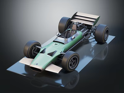 Vintage Green Single Seater Racing Car With Large Wheels And Rear Wing 3d model