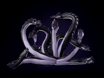 Mythical Multi Headed Serpent With Black And Purple Twisted Bodies 3d model