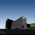 Modern Geometric Sales Office Building With Glass Facade Reflective Water Surface And Green Lawn