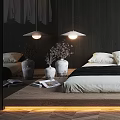 Modern Bedroom Interior with Sloped Ceiling Skylight Dark Walls Wooden Floor Palm Plant Accent Chair