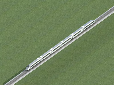 Streamlined High Speed Train Moving On Track Through Green Grassland 3d model
