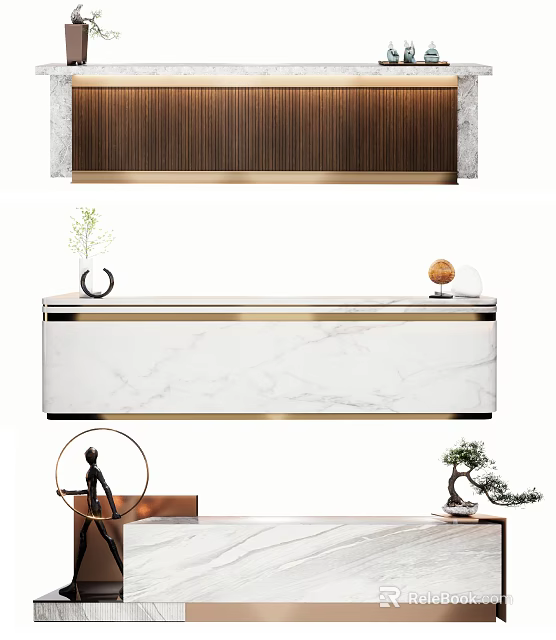 Modern Reception Desk Featuring White Marble Top And Gold Metal Trim With Decorative Plants 3d model 