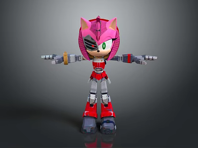 Mechanical Hedgehog Character With Pink Head Green Eyes And Red Gray Body 3d model