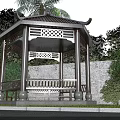 Traditional Ancient Chinese Pavilion With Carved Patterns Wooden Bench Green Trees And Brick Wall