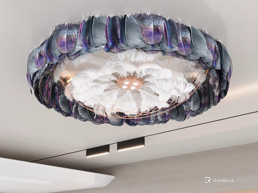 Modern Elegant Ceiling Light Featuring Purple Gray Feather Trim And White Inner Glow 3d model 