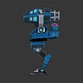 Blue Futuristic Robot With Spherical Arms And Purple Glowing Mechanical Parts