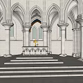 Detailed Gothic Church Interior Featuring High Arches Stone Columns And Altar With Cross