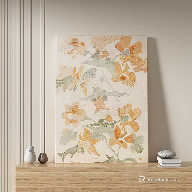Abstract Floral Painting With Warm Tones Against Neutral Wall And Decor 3d model 
