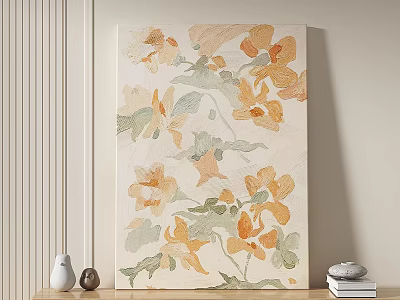 Abstract Floral Painting With Warm Tones Against Neutral Wall And Decor 3d model
